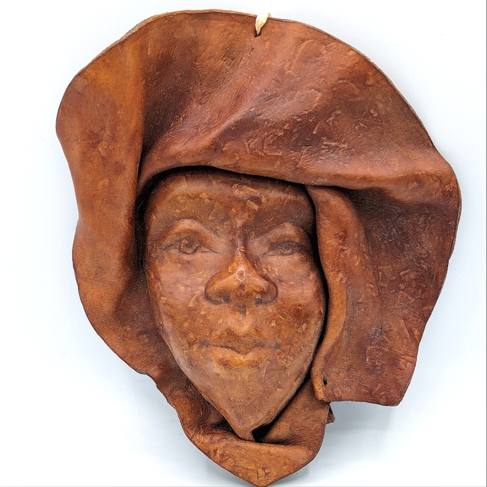 Vintage Genuine Leather Face Mask Molded Sculpture Handmade Wall Decor